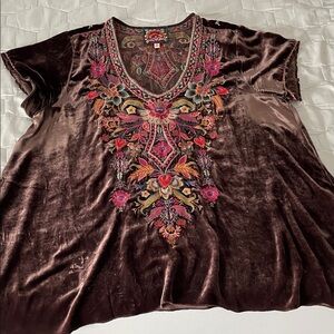 Johnny Was Brown Velvet Tunic with Multicolor Floral Embroidery